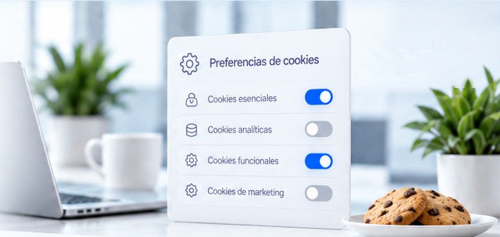 Panel de preferencias de cookies junto a una laptop
