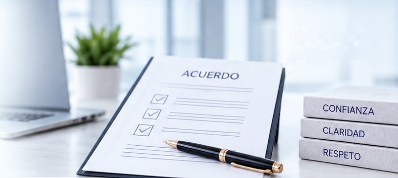 Documento de acuerdo con casillas marcadas y un bolígrafo